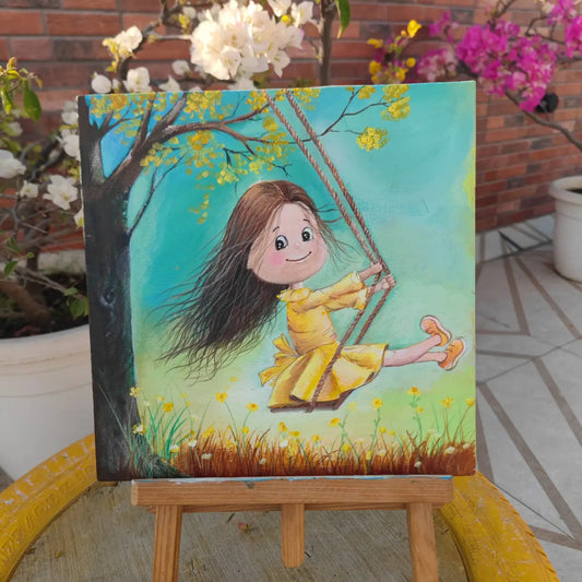 Handmade Girl on Swing Acrylic Canvas Painting