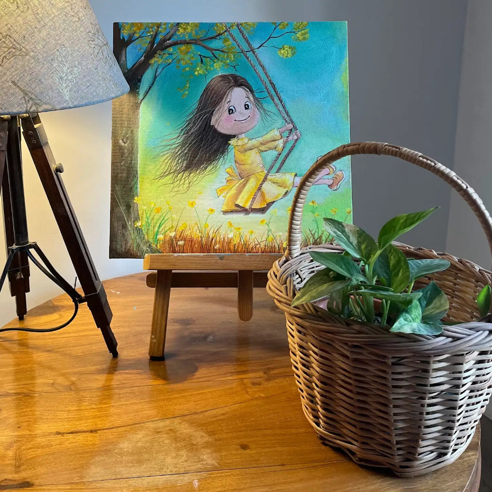 Handmade Girl on Swing Acrylic Canvas Painting