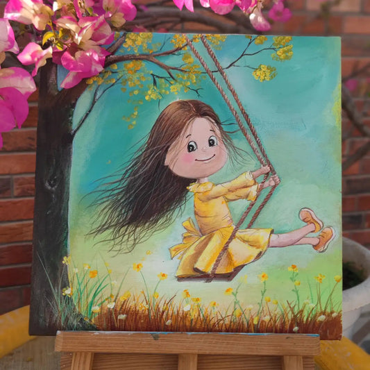 Handmade Girl on Swing Acrylic Canvas Painting