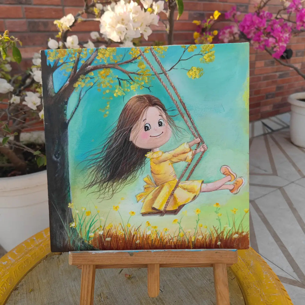Handmade Girl on Swing Acrylic Canvas Painting