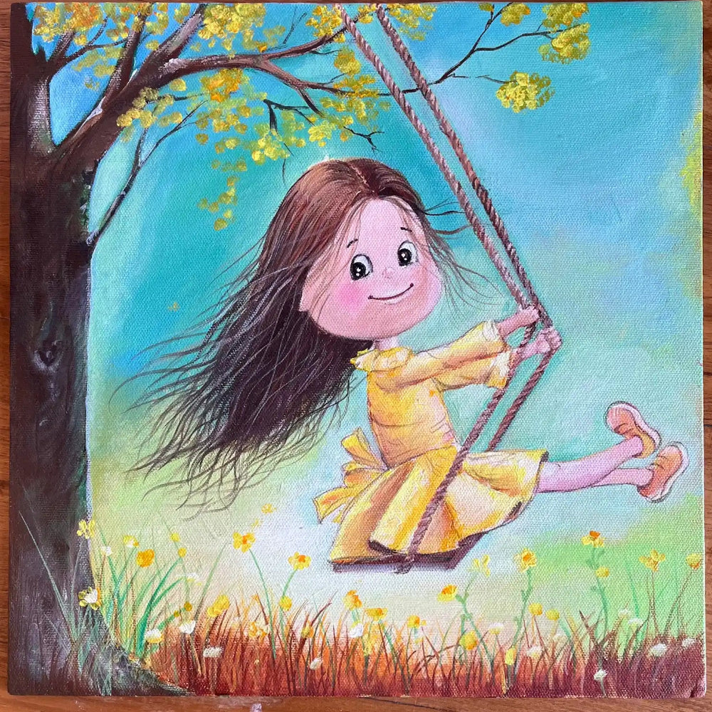 Handmade Girl on Swing Acrylic Canvas Painting