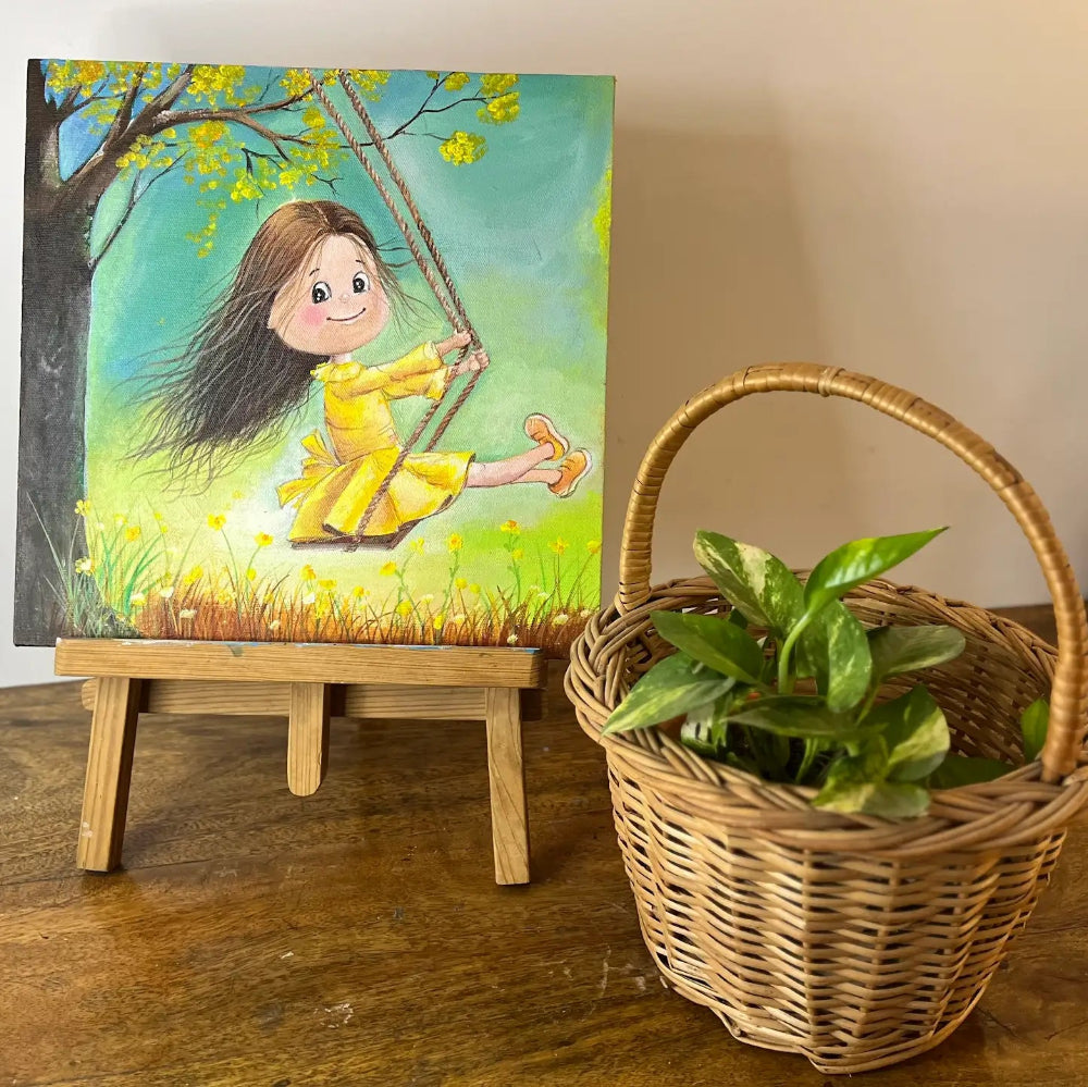 Handmade Girl on Swing Acrylic Canvas Painting