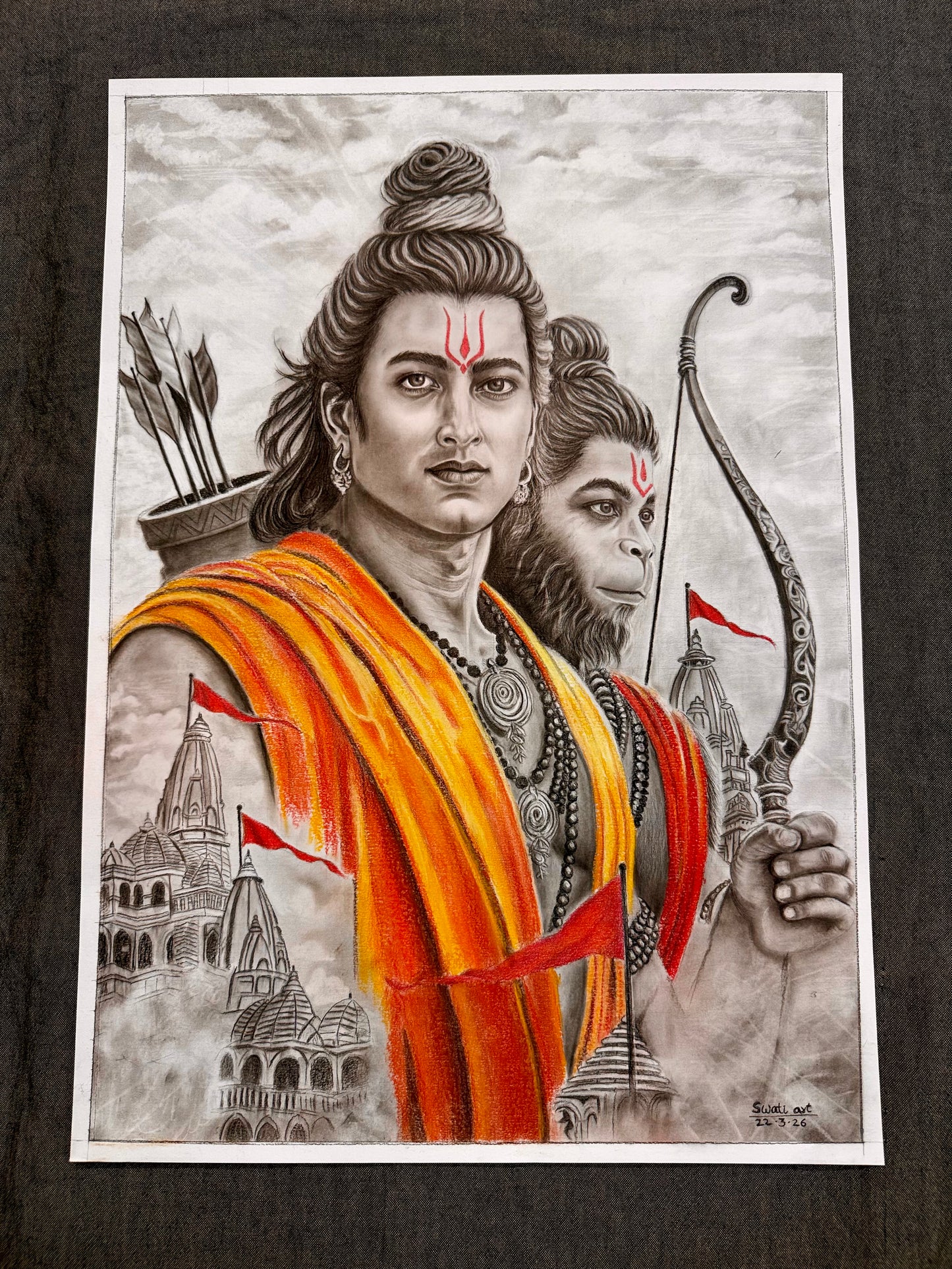 Handmade Charcoal Ram Hanuman Art